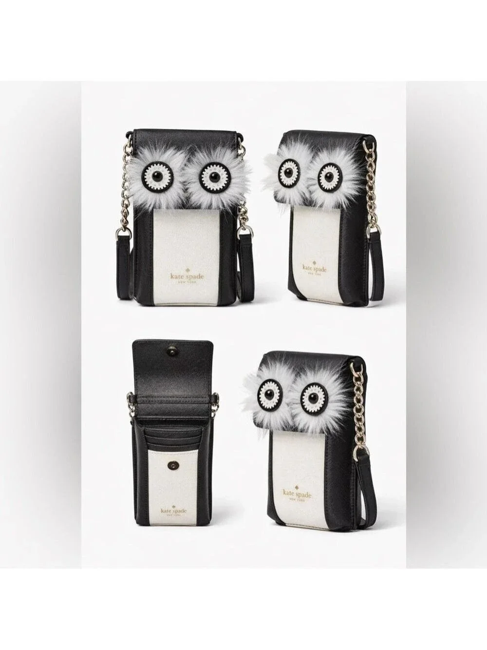 Kate Spade New York Owl Phone Crossbody Bag Black White Novelty EUC